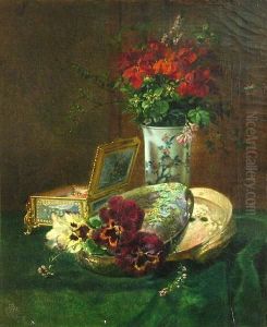 A Still Life With Pansies In A Conch Shell,flowers In A Vase And A Jewelry Box by Gustave-Emile Couder