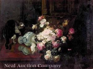 Cat Overturning A Vase Of Flowers by Gustave-Emile Couder