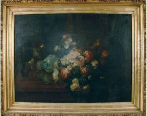 Cat Knocking Over Vase. Oil On Canvas, Signed Lr. 29.5 X 39.5" by Gustave-Emile Couder