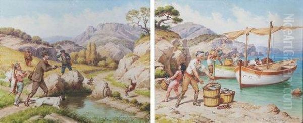 Dechargement De La Peche. La Chasse Au Lievre. - view 1