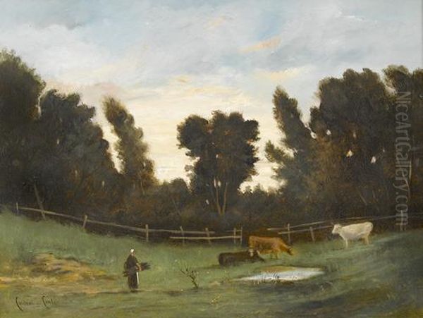 Landschaftspartie Mit Reisigsammlerin Und Kuhen Bei Teich. - view 1