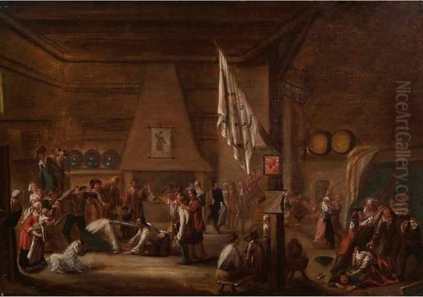 Baptiste Coulon Scene De Rixe Dans Une Taverne Toile. 58 X 81.5 Cm - view 1