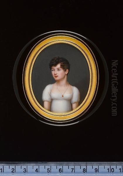 A Pair Of Portraits Of Sisters, Wearing White Dresses And Coral Heart Pendants On Pearl Necklaces. - view 1