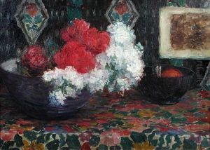Still Life Of Roses And White Lilac In A Bowl by Louise Coupe