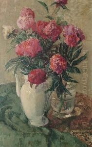 Still Life Of Flowers With White Jug And Glass Vase by Louise Coupe