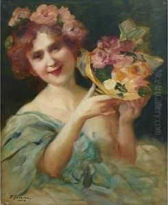 Jeune Femme Tenant Des Fleurs. by Felix Courche