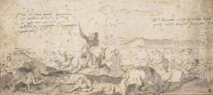 A Cavalry Skirmish On A Battlefield With Extensive Inscriptions