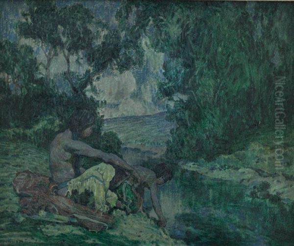 Indians By Moonlit Stream - view 1