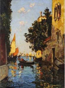 Gondolier Et Voilier Sur Uncanal A Venise