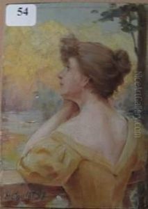 Portrait De Jeune Femme Accoudee A Une Balustrade Regardant Le Paysage by Hyppolite Coutau