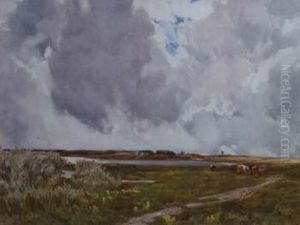 The Mealog With Church & Windmill At Llanfalog by Hubert Coutts