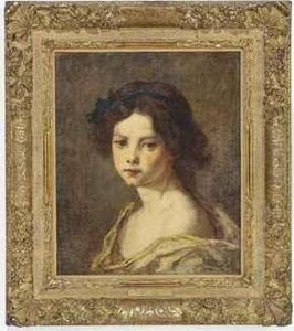 Portrait Of A Girl, Head And Shoulders, Ribbon In Her Hair With Ayellow Warp Around Her Shoulders by Thomas Couture