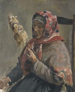"bretonische Fischersfrau Beim Spinnen" by Leon Couturier