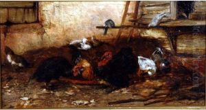 Scene De Basse-cour Huile Sur Panneausignee En Bas A Gauche 18,5 X 35,5 by Leon Couturier