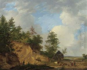 Figures Conversing By A Crag In A Panoramic Summer Landscape