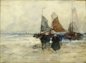 Coastal Scene With Moored Fishing Boats And Figures In The Foreground by Robert Mcgown Coventry
