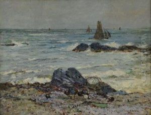Scottish
Lobster Pot And Glass Floats On The Shore Line With Sailing Dinghies Off The Coast by Robert Mcgown Coventry