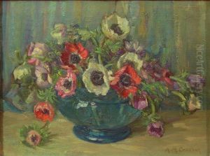Still Life With Anemones In A Blue Glass Bowl by Agnes M. Cowieson