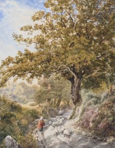 Figures And Sheep On A Woodland Track by Alfred Wilson Cox