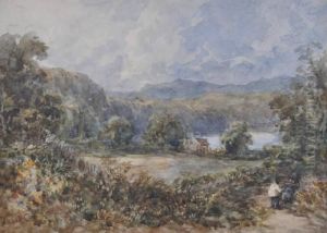 Figure On A Track Near A Lakeside Cottage by David I Cox
