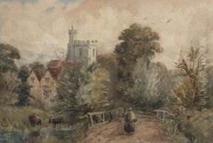 Woman Going To Town; Figures With A Flock Of Sheep by David Cox