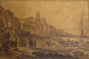 Figures Loading Rowing Boats On The Shore With Historic Town On The Cliff Tops by David Cox