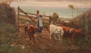 Coastal Landscape With A Girl Looking Out To Sea And Closing A Five-bar Gate Beside Cows On A Path