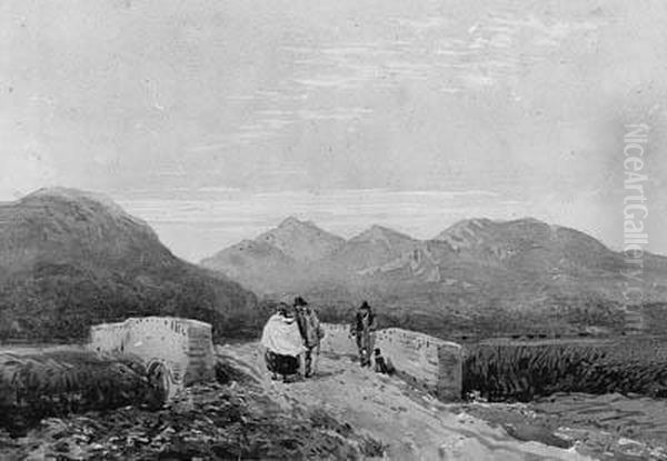 Figures Crossing A Bridge In A Mountainous Landscape - view 1