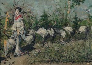 Geisha Followed By Cranes