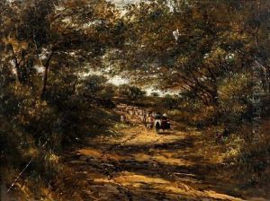 Three Figures Driving Sheep On A Shaded Lane by David Cox