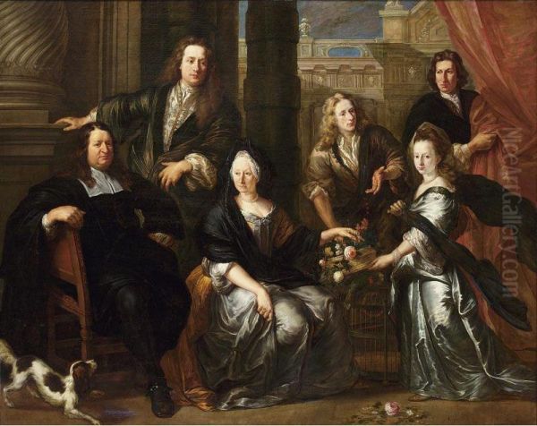 A Family Portrait Of Simon And Anne Van Haecht (1632-?) With Their Sons Rombaut Francois, Adrien (1676-1727), Christophe And Their Daughter, All Standing And Seated Full-length, Before Classical Architecture - view 1