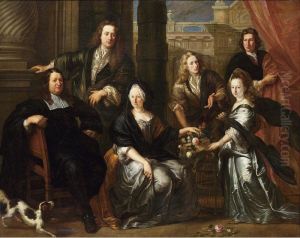 A Family Portrait Of Simon And Anne Van Haecht (1632-?) With Their Sons Rombaut Francois, Adrien (1676-1727), Christophe And Their Daughter, All Standing And Seated Full-length, Before Classical Architecture by Jan Anthonie Coxcie