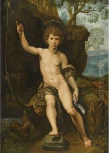 Saint John The Baptist In A Rocky Landscape by Michiel Coxie