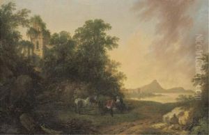 A Wooded Coastal Landscape With Figures And A Pony Resting Beside A Path And A Ruined Tower by James B. Coy