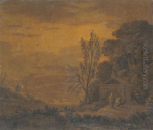 A Wooded Landscape With Two Figures And A Goat Before A Classical Temple by Alexander Cozens