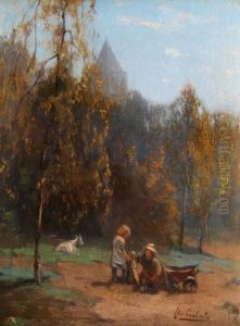 Spielende Kinder Unter Herbstlichenbaumen by Florent Nicolas Crabeels