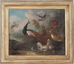 A Peacock And Other Fowl In A Landscape by Marmaduke Cradock