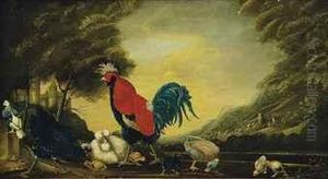 A Cockerel, Hens, Chicks And A Mallard In A Wooded Landscape, Acastle Beyond by Marmaduke Cradock