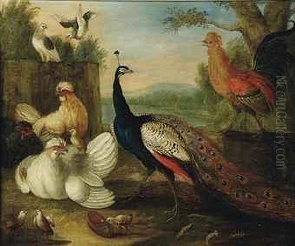 A Peacock, Poultry And Doves In A Wooded Lakeside Landscape - view 1