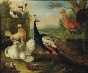 A Peacock, Poultry And Doves In A Wooded Lakeside Landscape