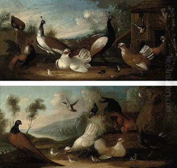 A Cockerel, A Pheasant And Chickens In A Landscape - view 1
