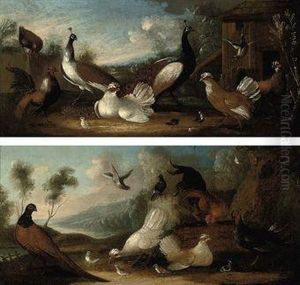 A Cockerel, A Pheasant And Chickens In A Landscape by Marmaduke Cradock