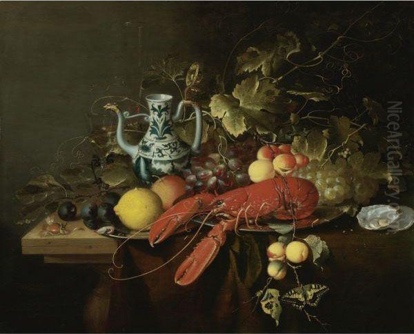 Still Life With A Lobster On A Pewter Plate, Lemons, Grapes,apricots, Oysters - view 1