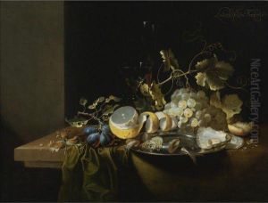 Still Life Of Hazelnuts, Grapes, Oysters And Other Foods On Adraped Table by Laurens Craen