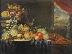 Nature Morte De Raisins, Citrons, Abricots, Ecrevisse Et Coffret De Velours Bleu Sur Un Entablement En Bois Pres D'une Fenetre by Laurens Craen
