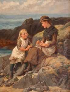 Fishergirl Repairing A Net Beside Another Girl Within A Rocky Coastal Landscape by Percy Robert Craft