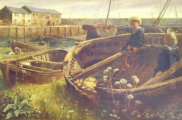 Young Boys Seated In A Rowing Boat At A Quiet Harbour Side - view 1