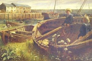 Young Boys Seated In A Rowing Boat At A Quiet Harbour Side by Robert Craig