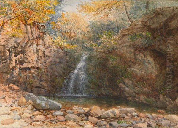 (two Rural Views, New York) Rustic Bridge Near Fishkill; Waterfall In A Forest Pool - view 1