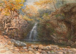 (two Rural Views, New York) Rustic Bridge Near Fishkill; Waterfall In A Forest Pool by William Craig